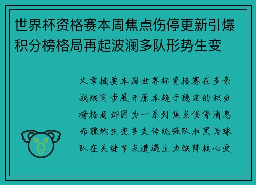 世界杯资格赛本周焦点伤停更新引爆积分榜格局再起波澜多队形势生变 世界杯资格赛本周焦点伤停更新引爆积分榜格局再起波澜多队形势生变