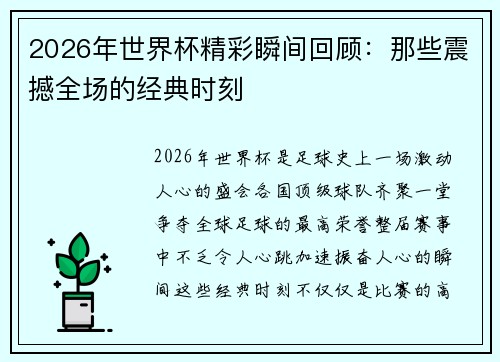 2026年世界杯精彩瞬间回顾:那些震撼全场的经典时刻 2026年世界杯精彩瞬间回顾:那些震撼全场的经典时刻
